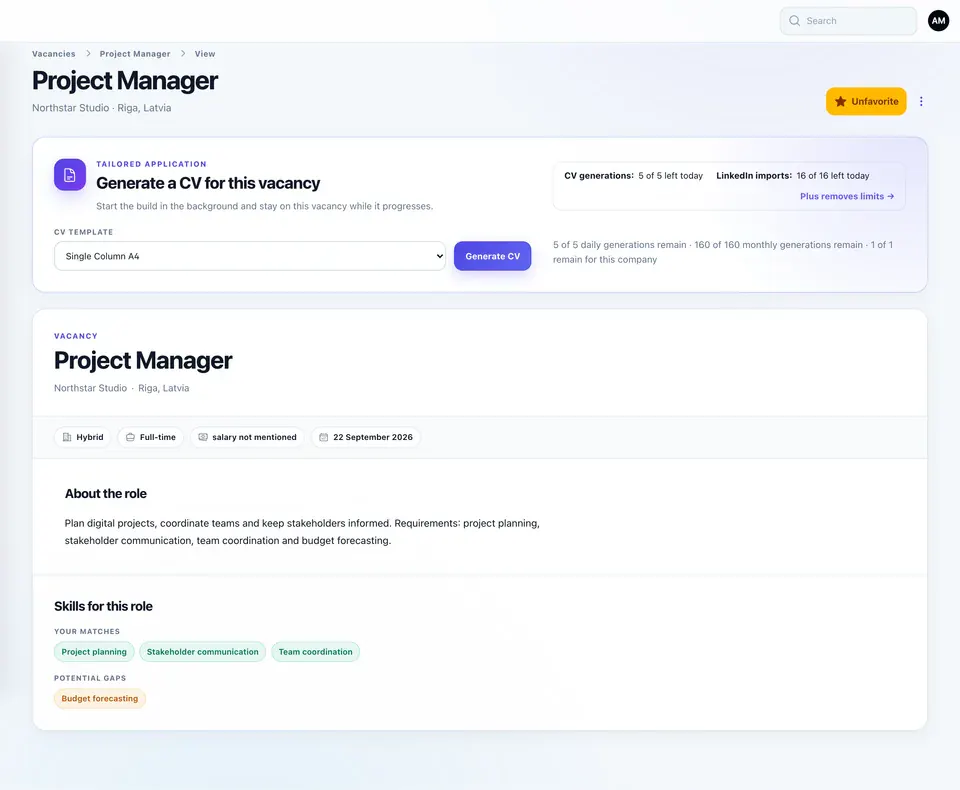 Jobsucher vacancy workspace with the saved Project Manager role at Northstar Studio, matched skills and the CV generator.